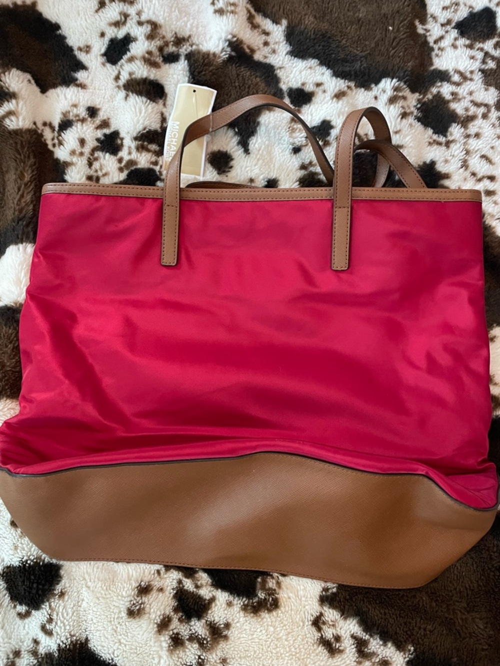 Michael Kors Red Tote with Brown Trim and Zip Pocket - Picture 4 of 8